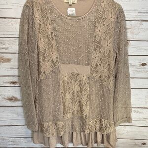 Indigo Soul Taupe Knit Lace Tunic Floral Pattern Taupe Boho Top Size M NWT
